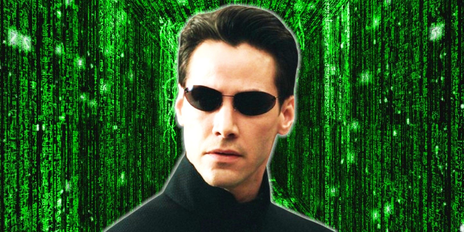 Keanu Reeves as Neo with Matrix code behind him