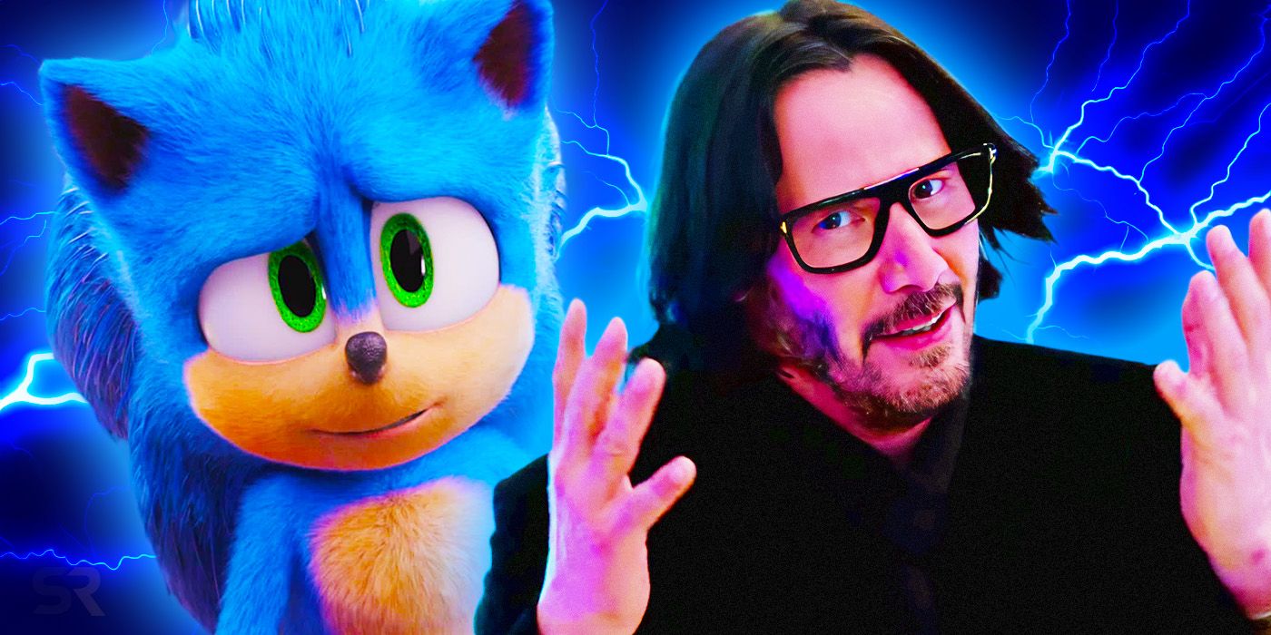 Sonic the Hedgehog and Keanu Reeves against a blue background with lightning