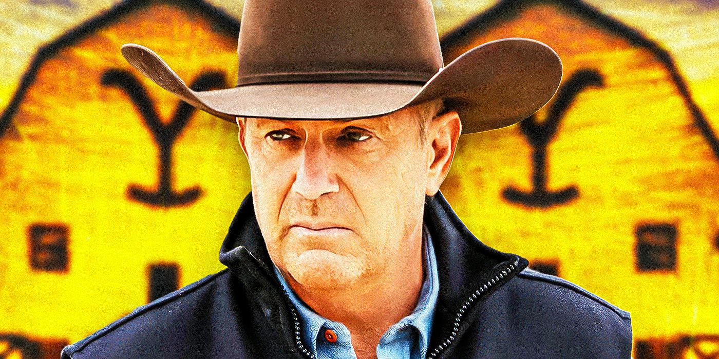 Kevin Costner looks serious as John Dutton from Yellowstone with ranch iconography behind him