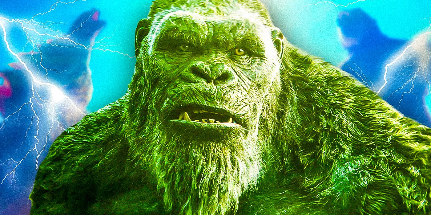Kong looking shocked between images of Godzilla and Kong roaring in the Monsterverse