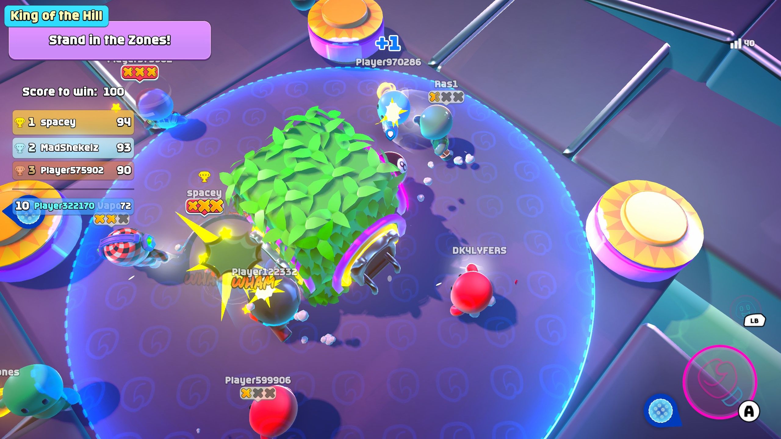 Players brawling in a King of the Hill zone in Rumble Club.