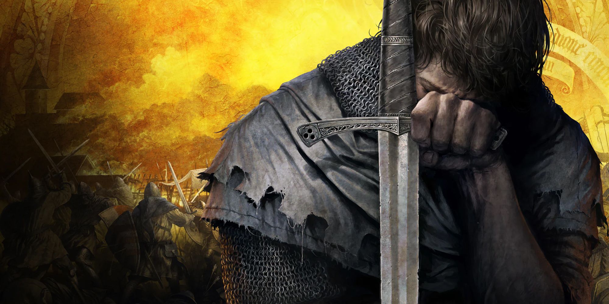 A defeated knight holds the hilt of his sword and looks down, his face obscured by his hand