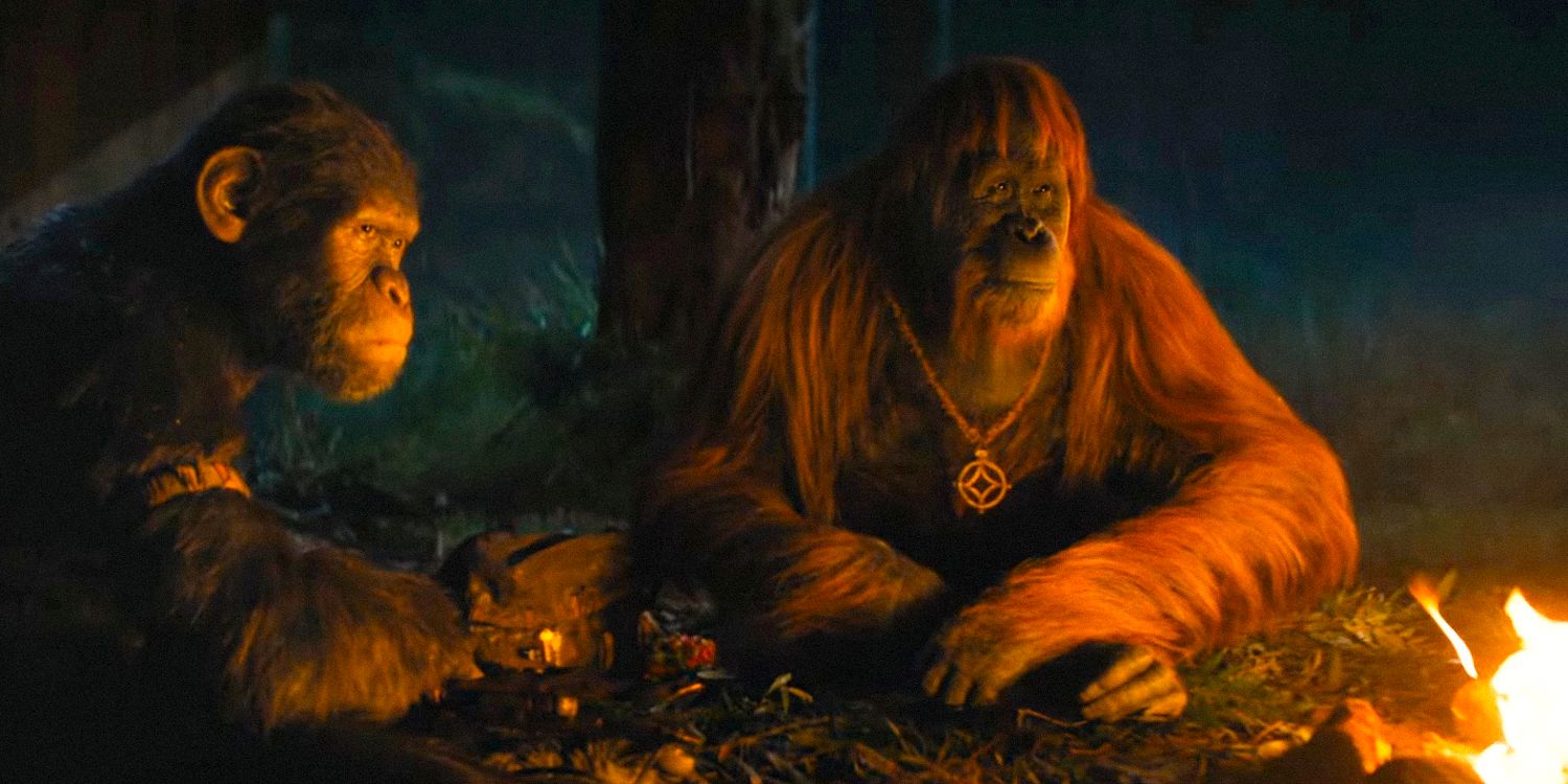 Noa e Raka sentadas em frente a uma fogueira em O Reino do Planeta dos Macacos