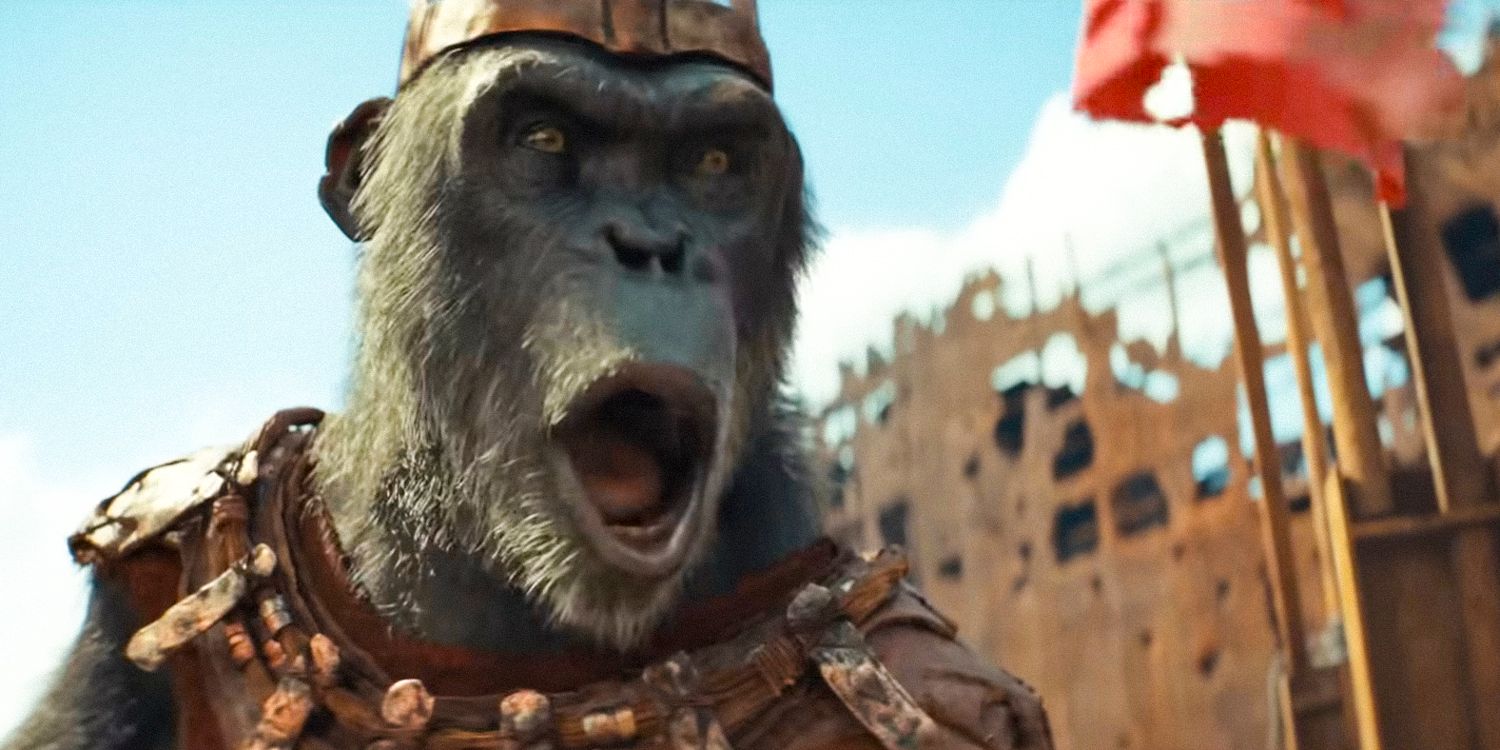 Proximus Caesar gritando em O Reino do Planeta dos Macacos