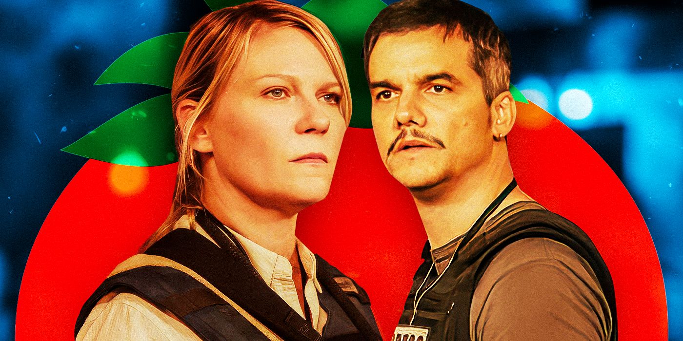 Kirsten Dunst as Lee and Wagner Moura as Joel from Civil War with Rotten Tomatoes logo behind them