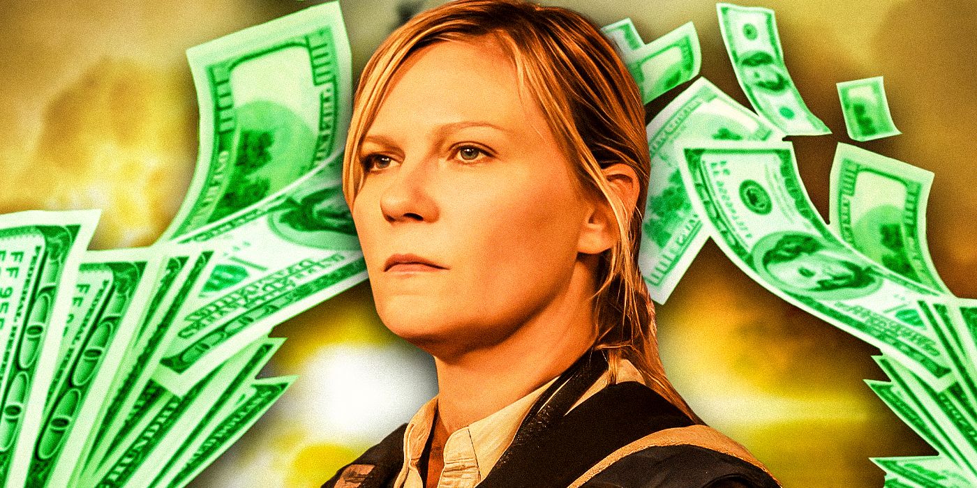 Kirsten Dunst as Lee in Civil War in front of a background of money