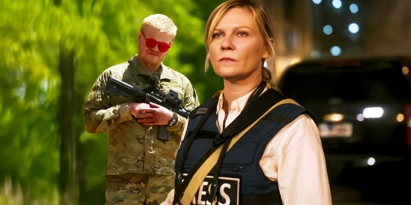 Kirsten Dunst as Lee juxtaposed with Jesse Plemons' soldier in Civil War