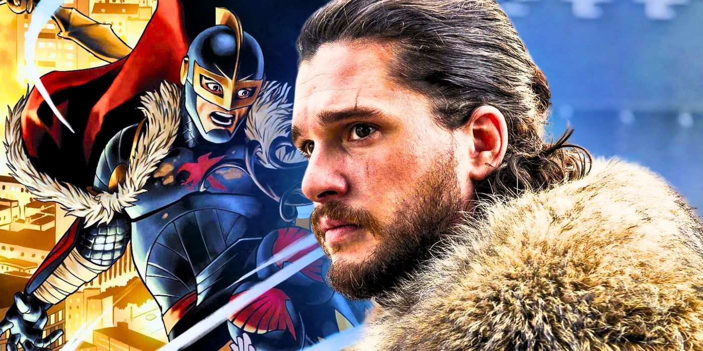 Kit Harington as Jon Snow in Game of Thrones with the Black Knight in Marvel Comics