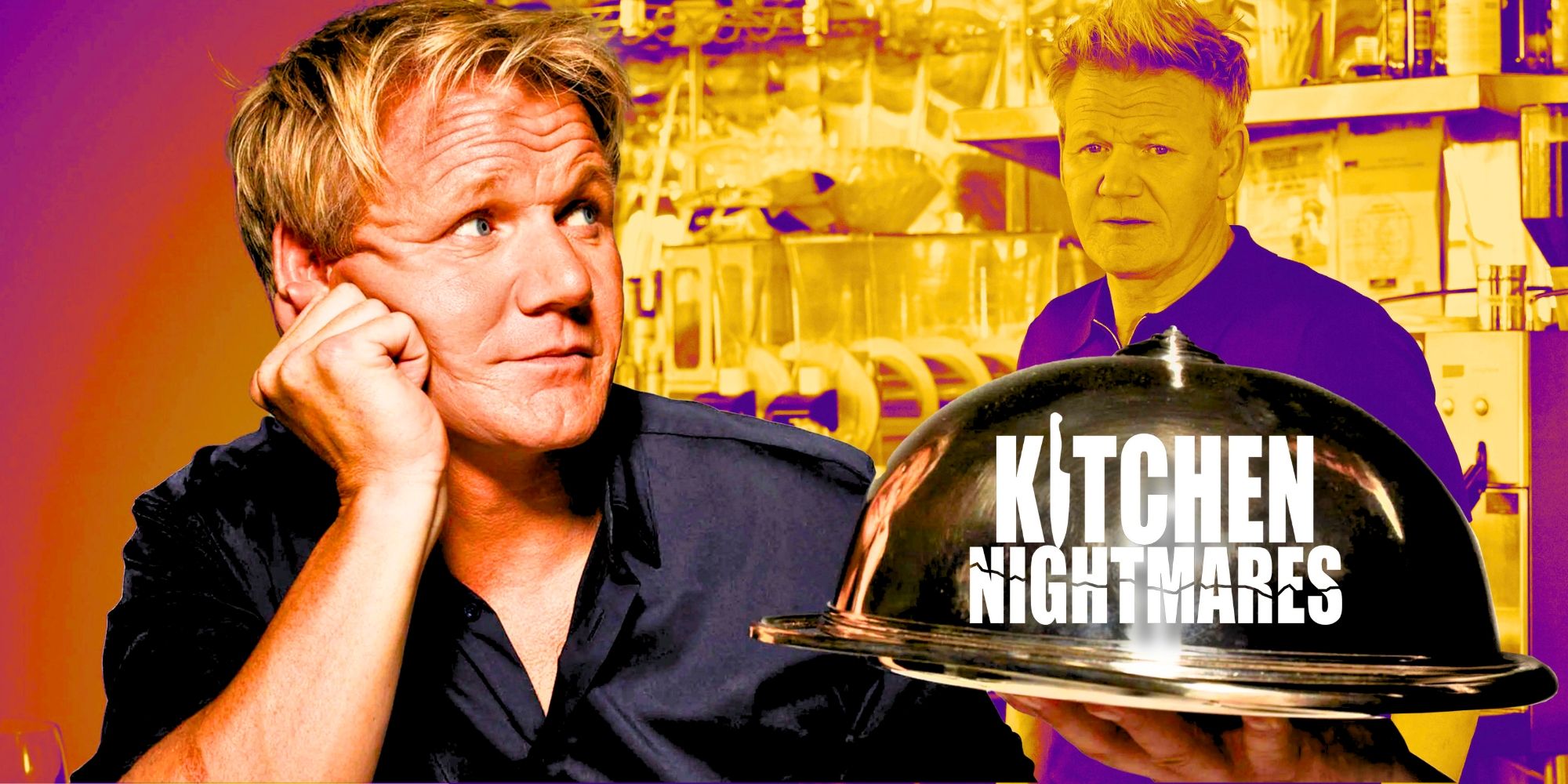 kitchen nightmares montage gordon ramsay with covered platter two images of chef ramsay