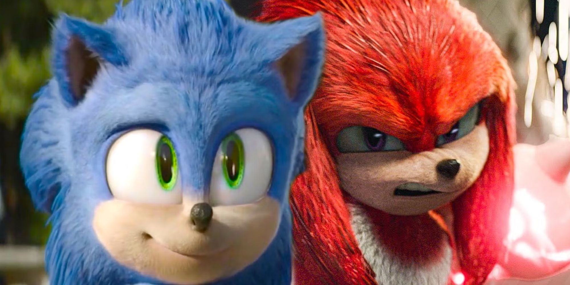 Sonic smiling next to Knuckles pulling back his fist in Sonic the Hedgehog 2