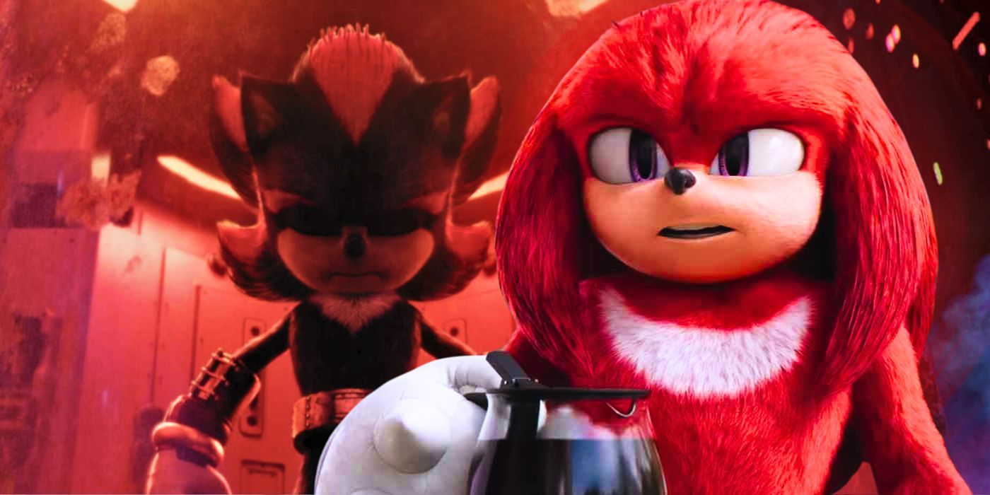 Shadow the Hedgehog asleep in his tube in Sonic the Hedgehog 2 next to Knuckles holding a pot of coffee in Knuckles