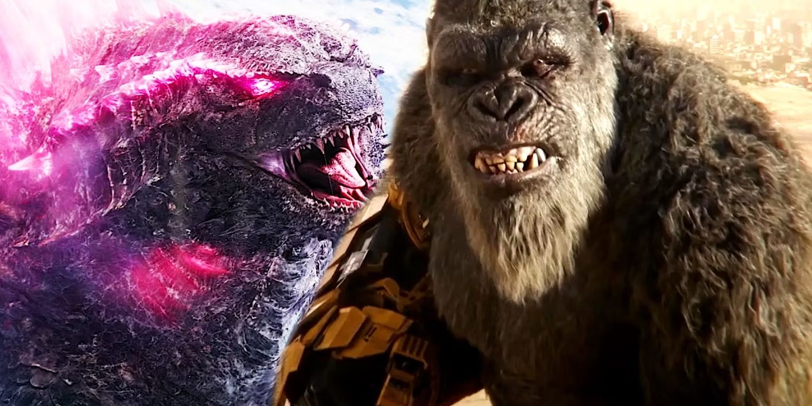 Godzilla roaring and Kong getting ready to fight in Godzilla x Kong The New Empire