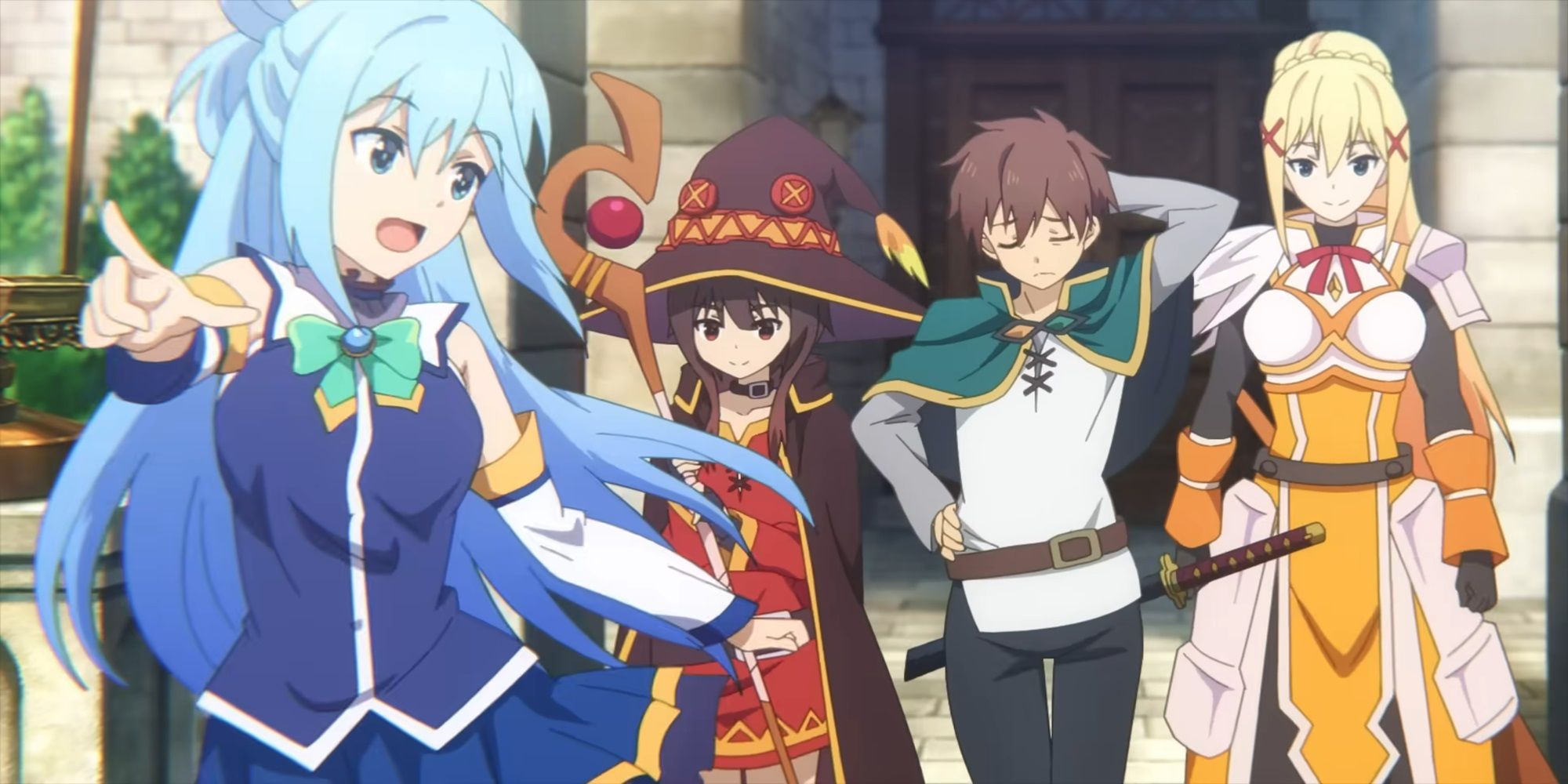 Konosuba Season 3 Opening screenshot featuring Kazuma, Aqua, Darkness, and Megumin traveling together.