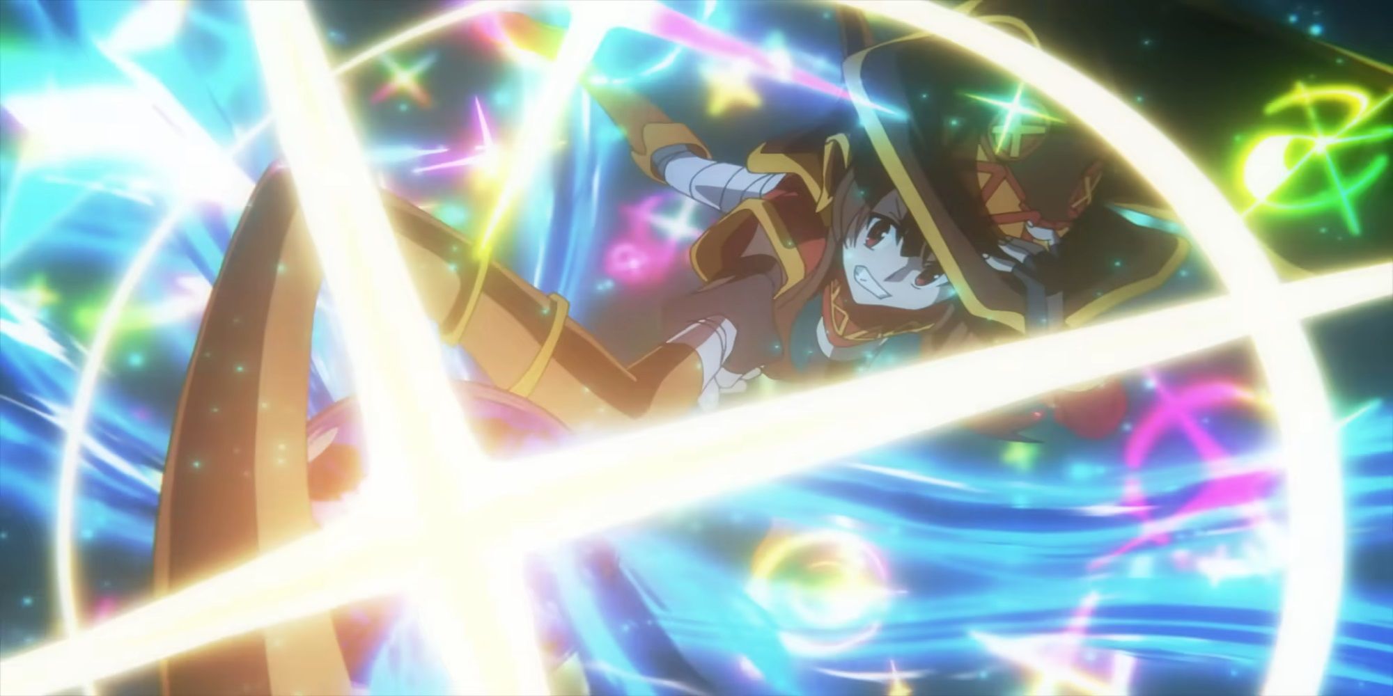 Konosuba Season 3 Opening screenshot of Megumin casting magic while surrounded by colors.