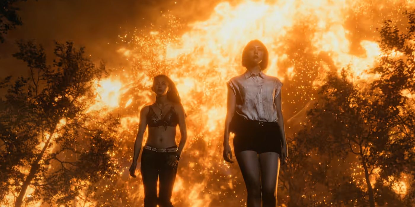 Kuina and Ann walking with an explosion behind them in Alice in Borderland