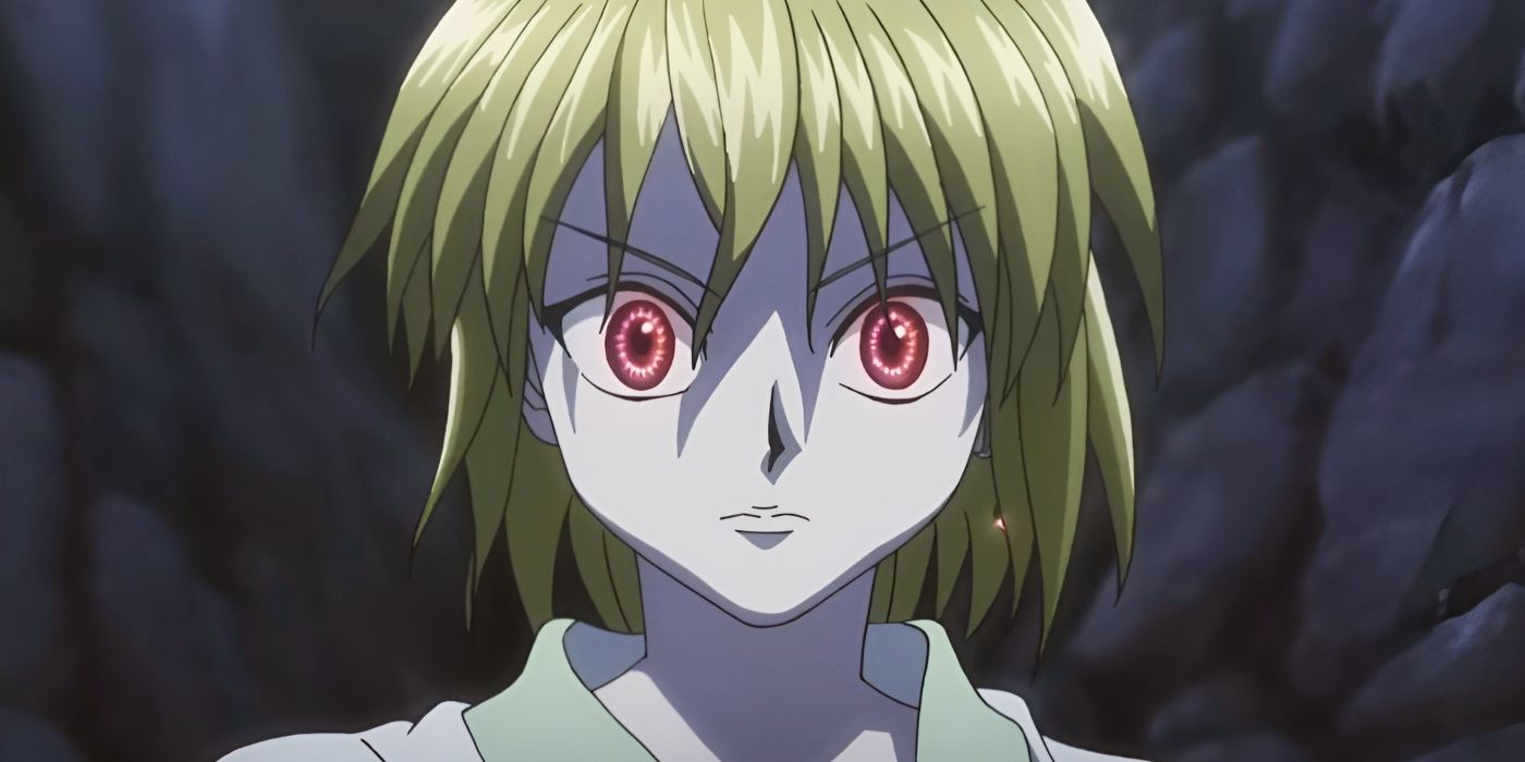 After asking if he remembers the Kurta Clan, Kurapika reveals his Scarlet Eyes and explains his Emperor Time ability during his fight with Uvogin in Hunter x Hunter.