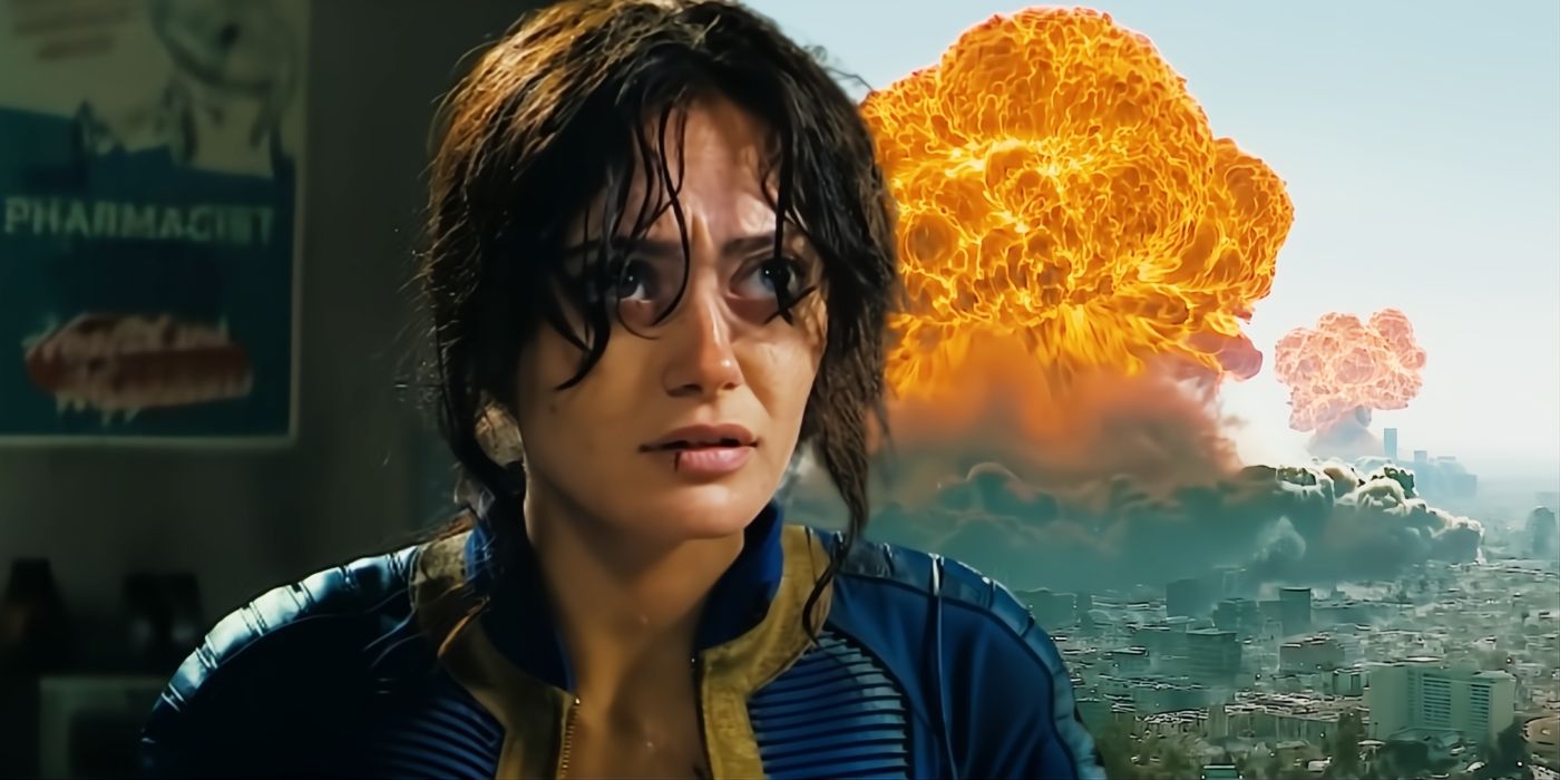 Ella Purnell as Lucy juxtaposed with a nuclear explosion in Fallout