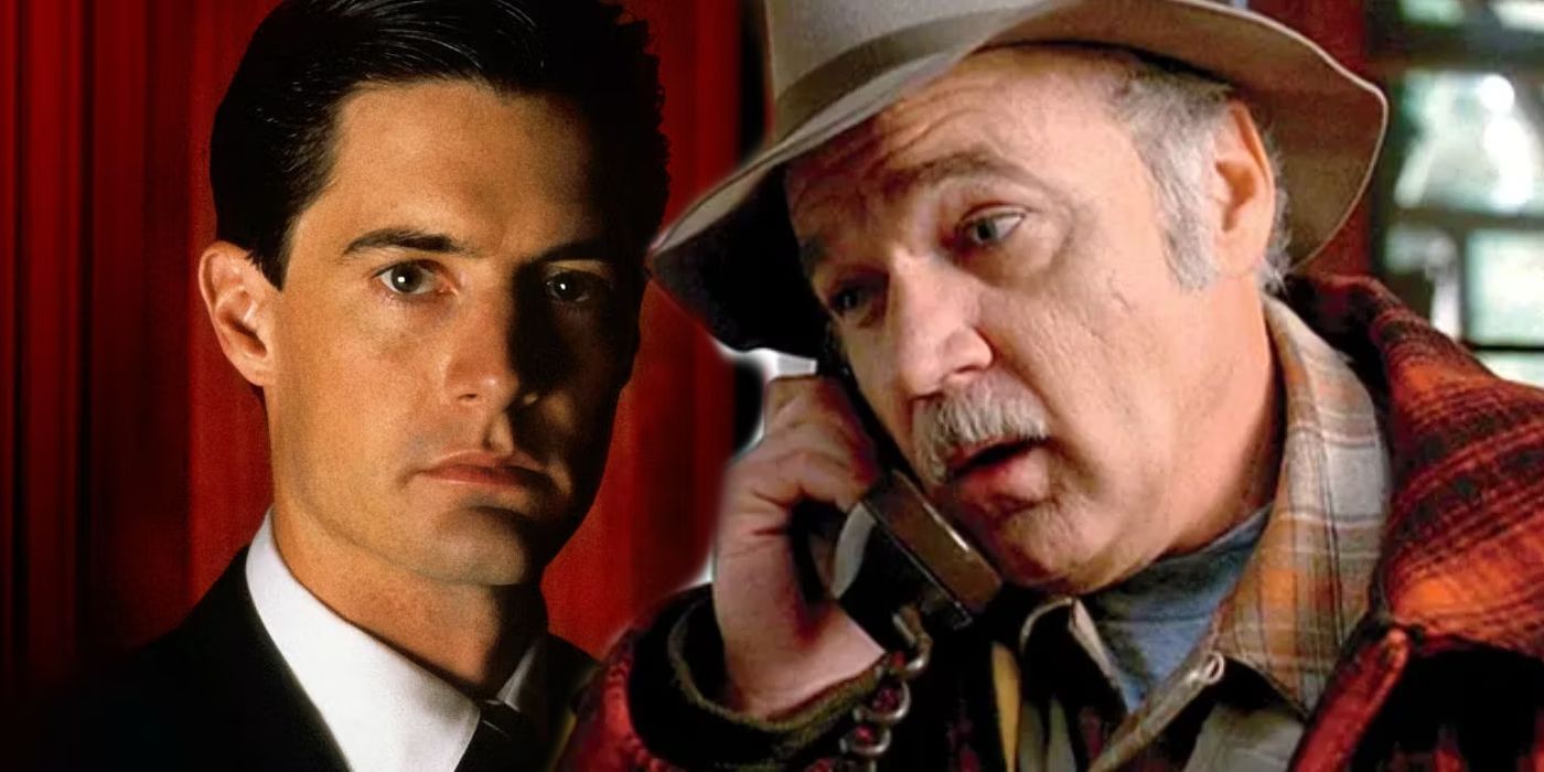 Kyle MacLachlan's Dale Cooper looking serious and Jack Nance as Pete Martell picking up the phone in Twin Peaks 
