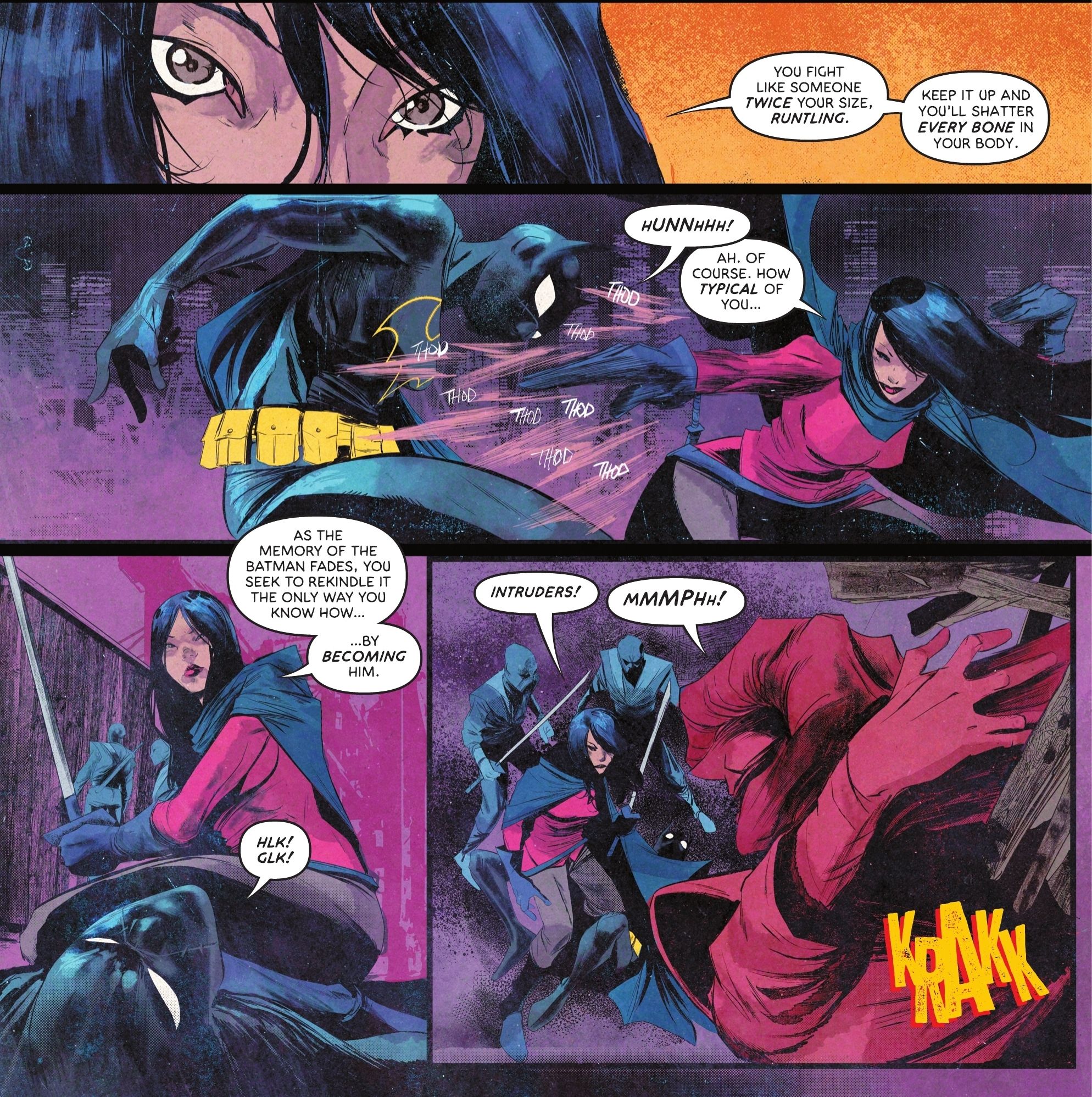 Lady Shiva e sua filha Cassandra Cain lutam, com Shiva levando vantagem. 