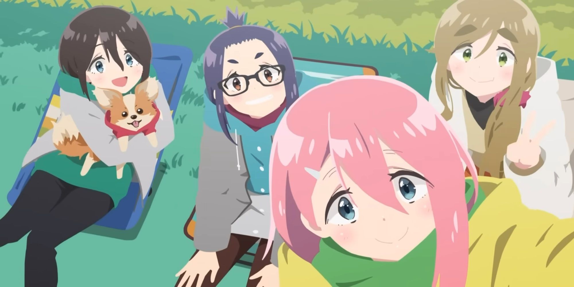 Laid Back Camp Season 3 Opening screenshot of the main Cast taking a selfie together.