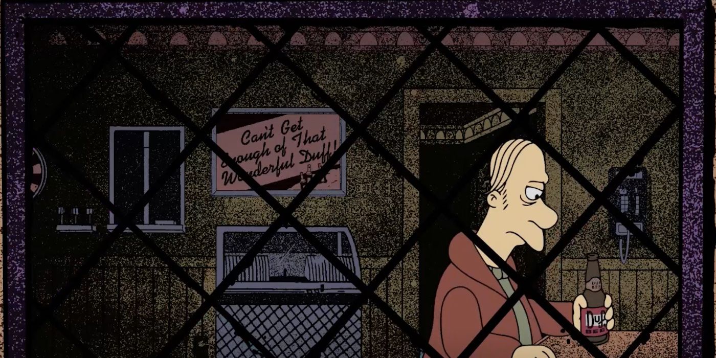 Larry bebe sozinho no Moe's no episódio 14 da 35ª temporada dos Simpsons