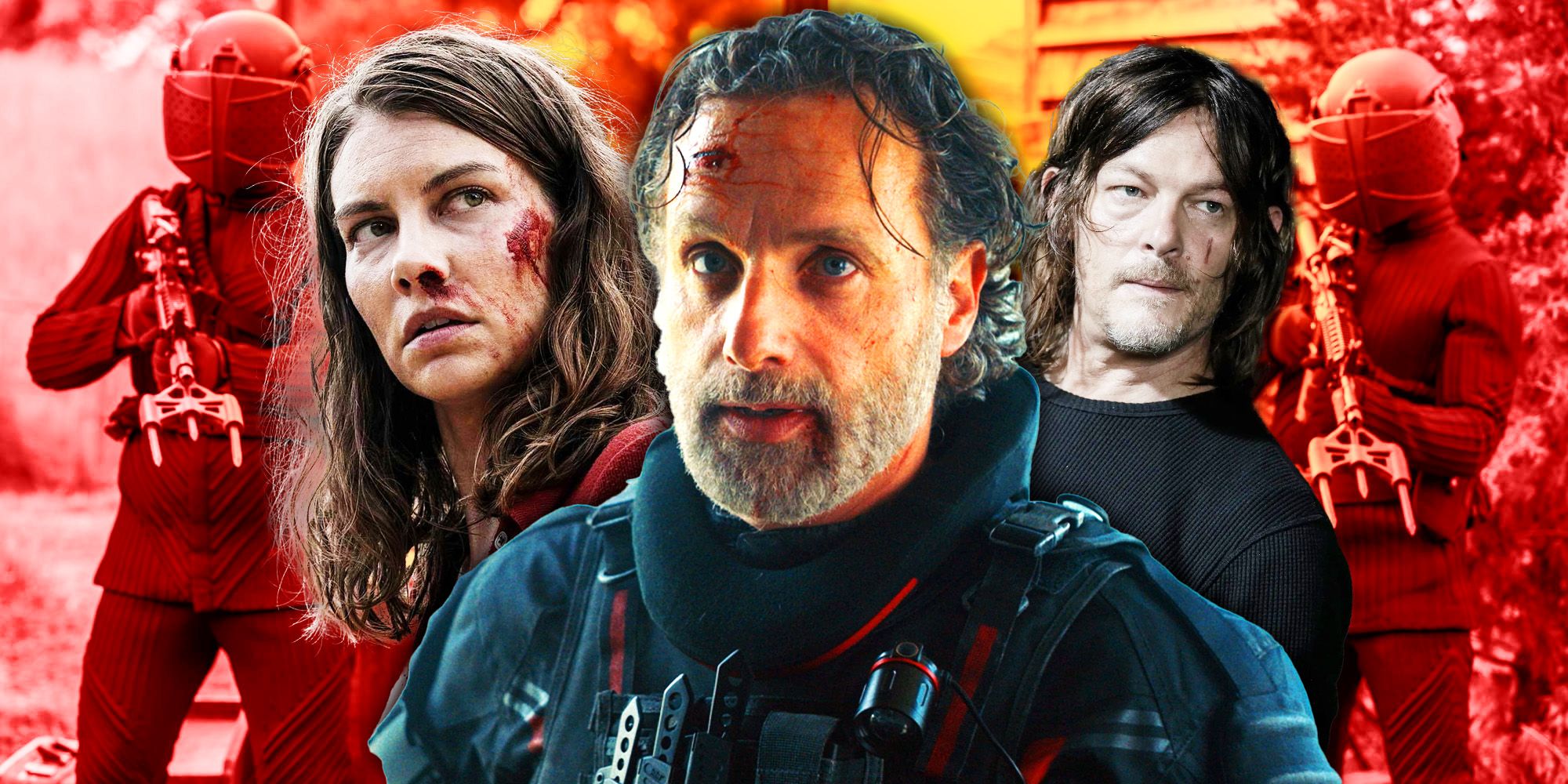 Lauren Cohan como Maggie Rhee, Andrew Lincoln como Rick Grimes e Norman Reedus como Daryl Dixon com soldados CRM atrás deles em The Walking Dead