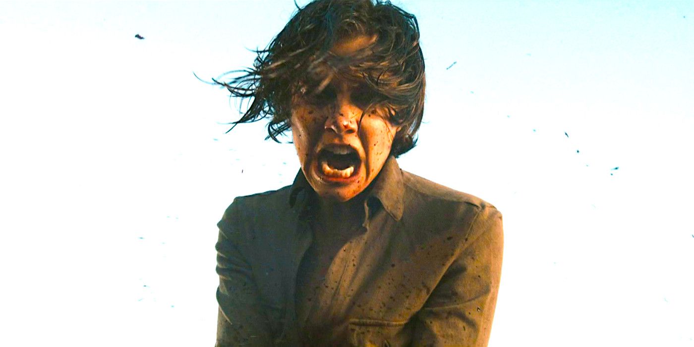 Lauren Cohan screaming wildly while attacking a walker in a scene from The Walking Dead Dead City