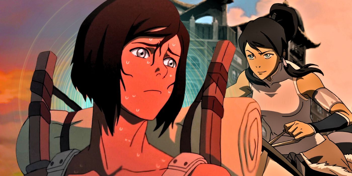 Korra sweating with a backpack on next to an image of her riding Nala in The Legend of Korra