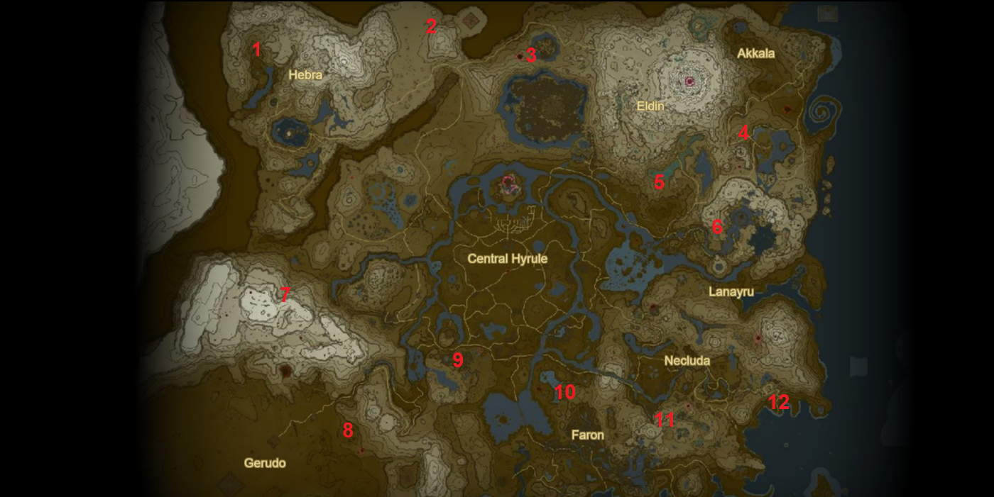 Legend of Zelda Tears of the Kingdom Stone Tablet Locais marcados em um mapa de Hyrule