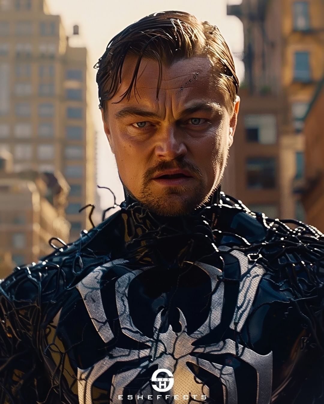 Leonardo DiCaprio in present time as as a Symbiote-possessed Spider-Man