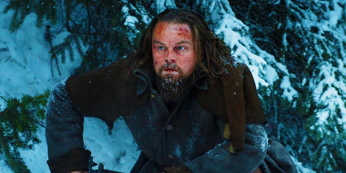 Leonardo DiCaprio among the snowy trees in The Revenant