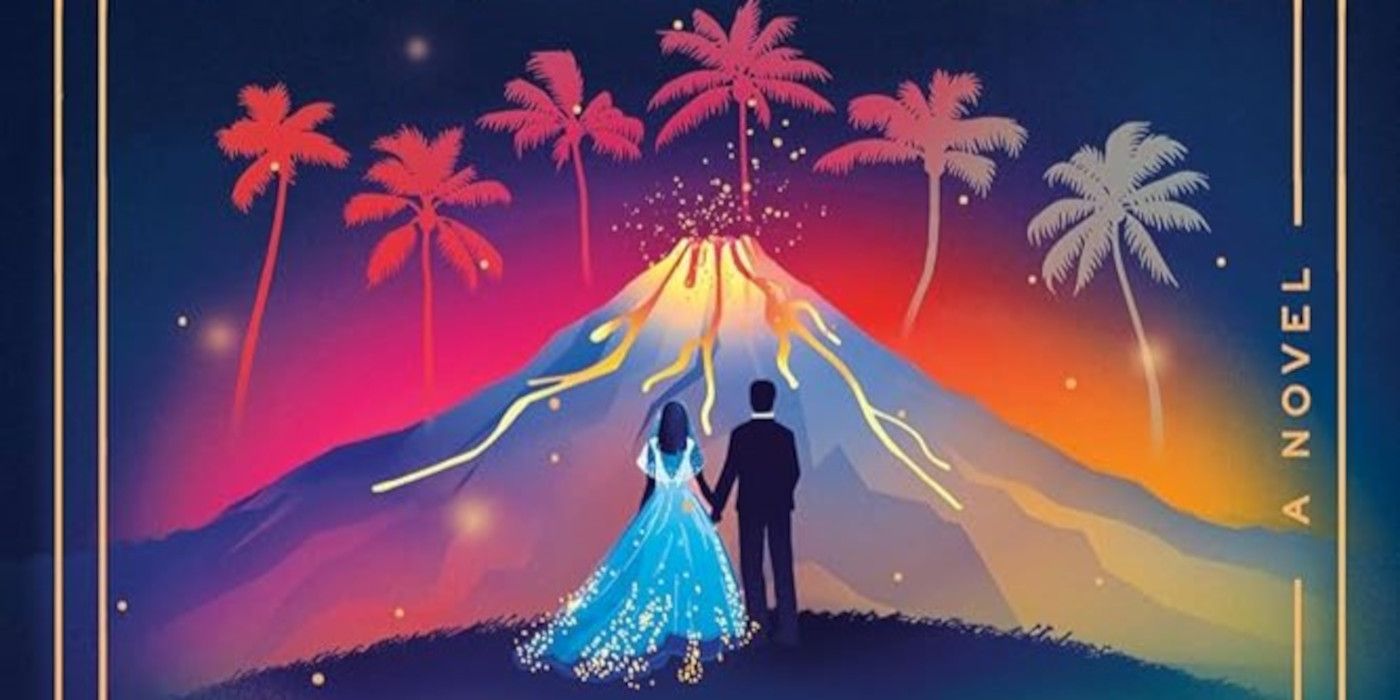 Capa de Mentiras e Casamentos apresentando um homem de terno e uma mulher em um vestido de noiva olhando para um vulcão