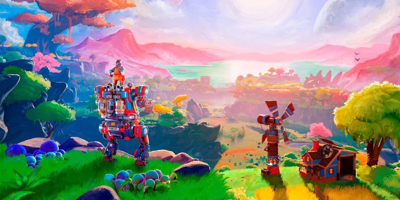 Lightyear Frontier Key Art showing a mech on a hillside looking down at nature and a homestead with a windmill.
