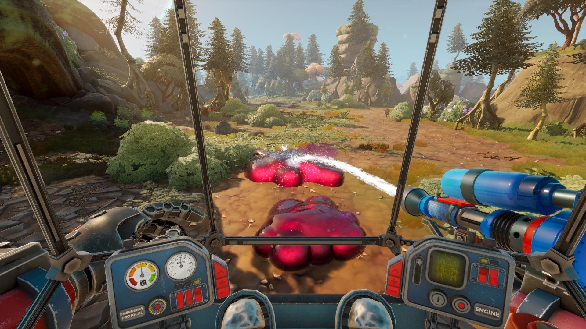 Vista da Lightyear Frontier de dentro de um mech explodindo uma pilha de gosma rosa na floresta com água.