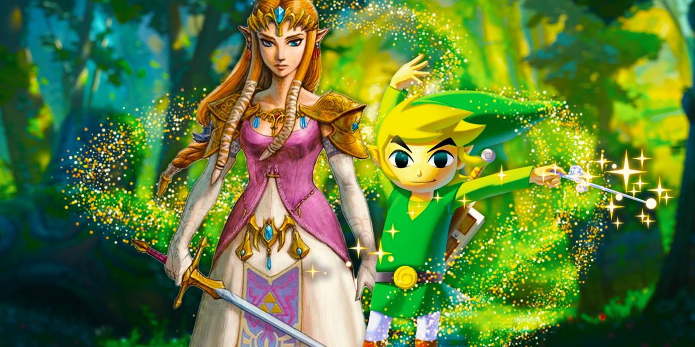 Link from Wind Waker and Zelda from Twilight Princess in front of a green forested background.