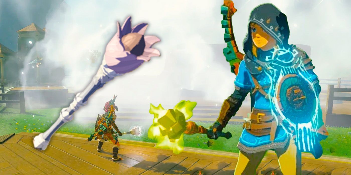 Link Holding A Topaz-Fused Magic Rod Against A Lookout Landing Backdrop In The Legend Of Zelda Tears Of The Kingdom