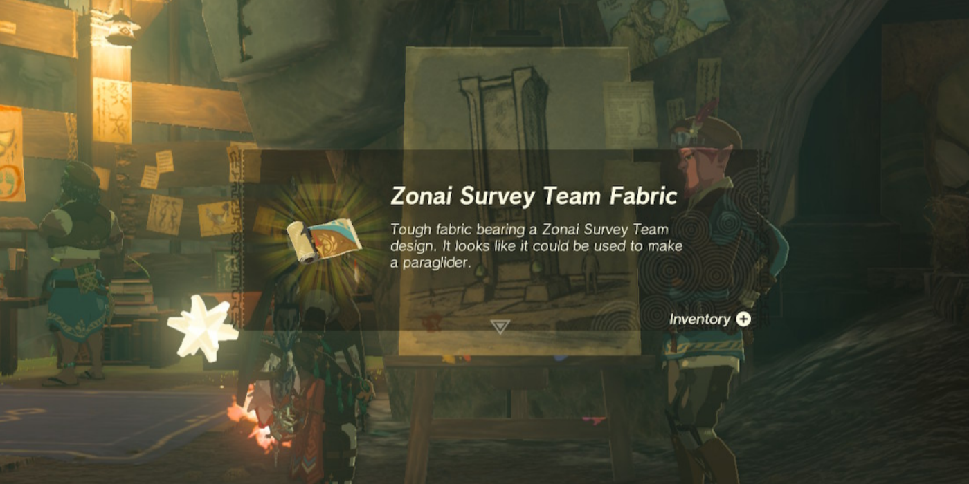 Link recebendo o tecido da equipe de pesquisa da Zonai em The Legend of Zelda Tears of the Kingdom