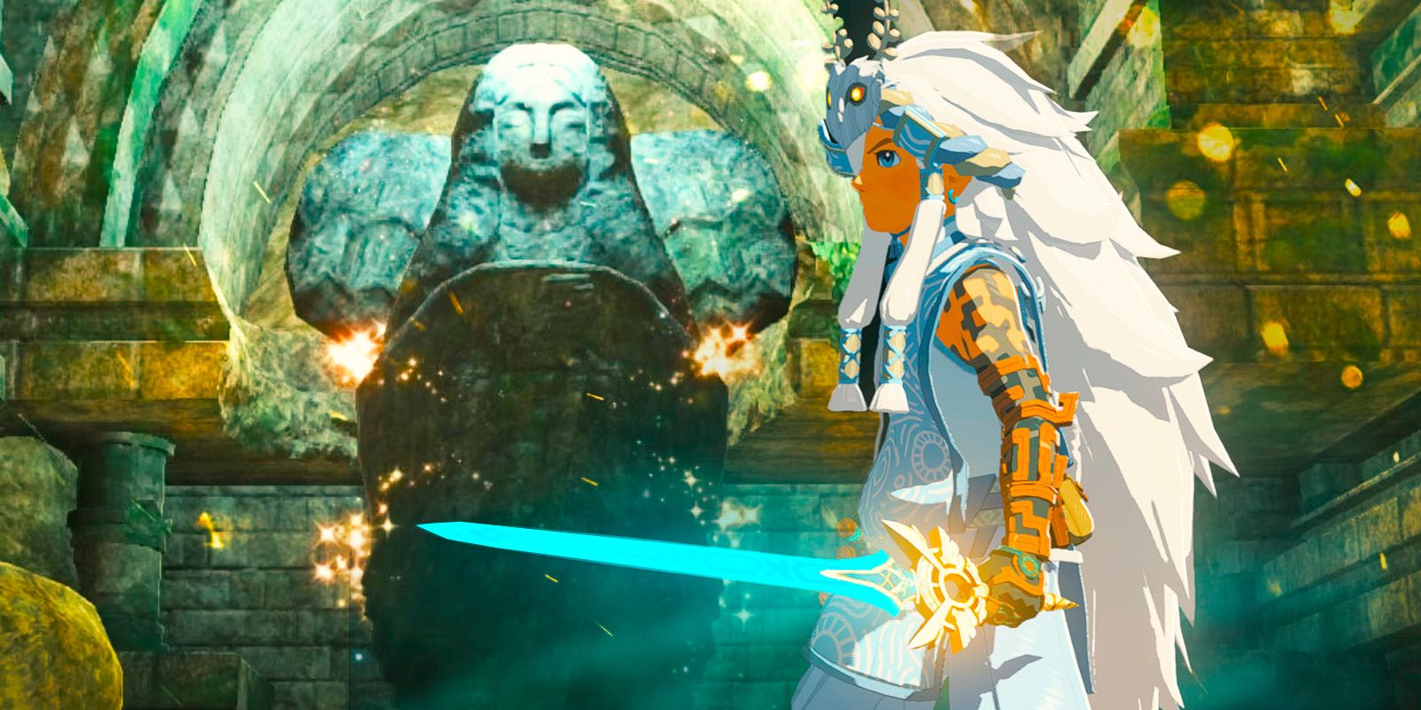 Link using the White Sword of The Sky In Zelda Tears Of The Kingdom Against Mother Goddess Statue Background