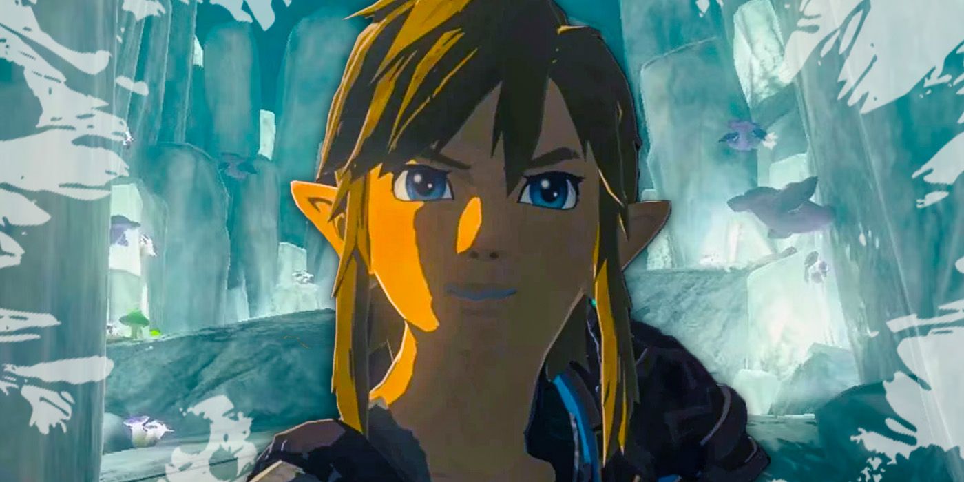 Link in a cave in TOTK with blue crystals in the background. 