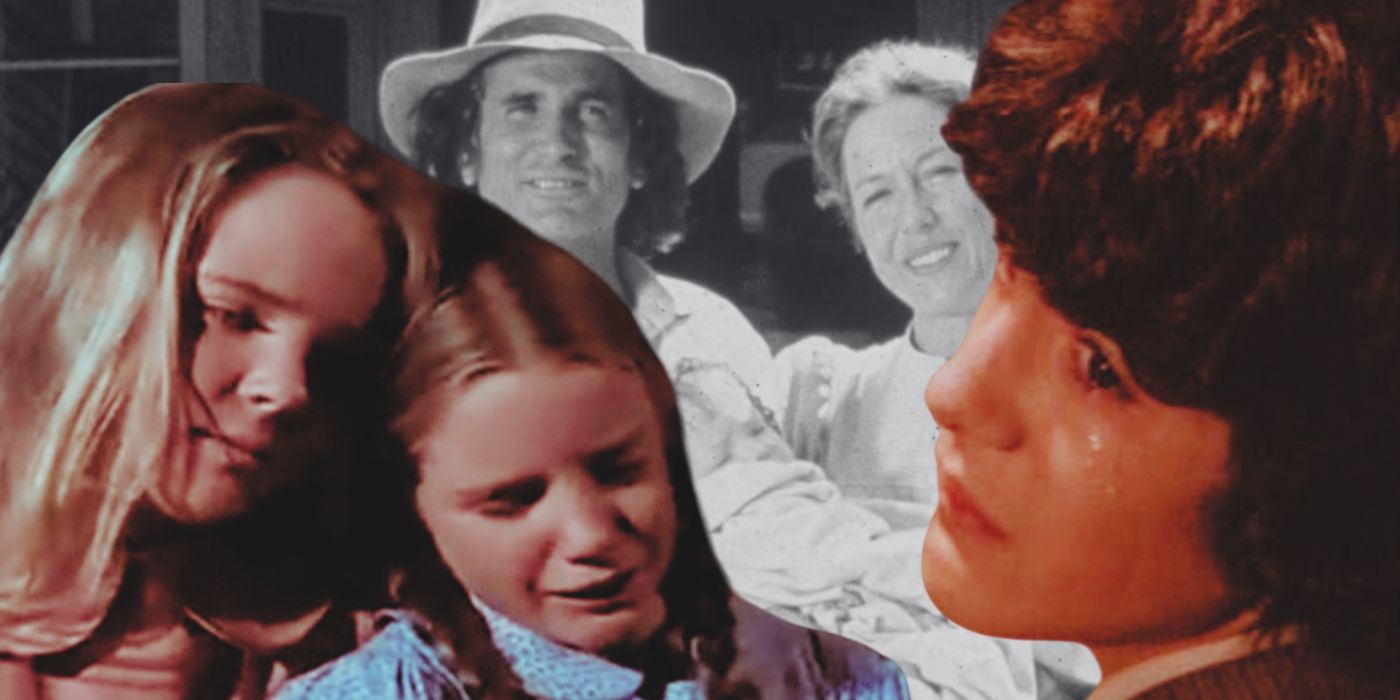 A custom image features Mary, Laura, and Albert in color crying over a black and white image of Charles and Caroline Ingalls in Little House on the Prairie