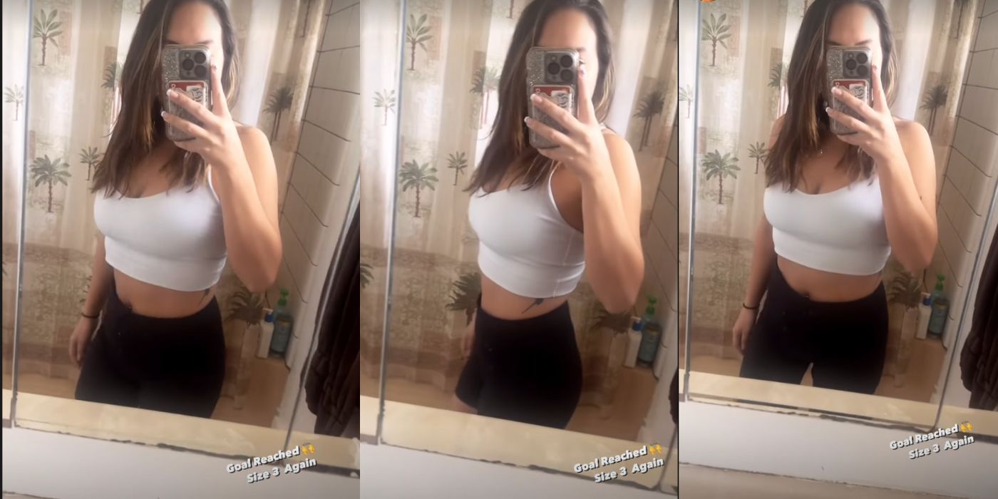 Liz In 90 Day Fiance no Instagram mostrando sua perda de peso em um vídeo de selfie no espelho
