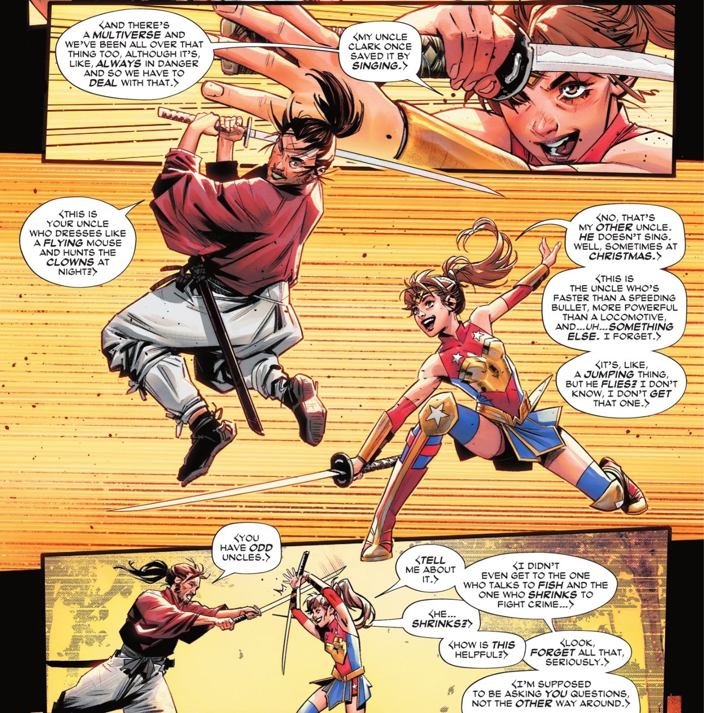 Painéis de quadrinhos: Wonder Girl Lizzie Prince discute o salto do Superman enquanto lutava contra um samurai.