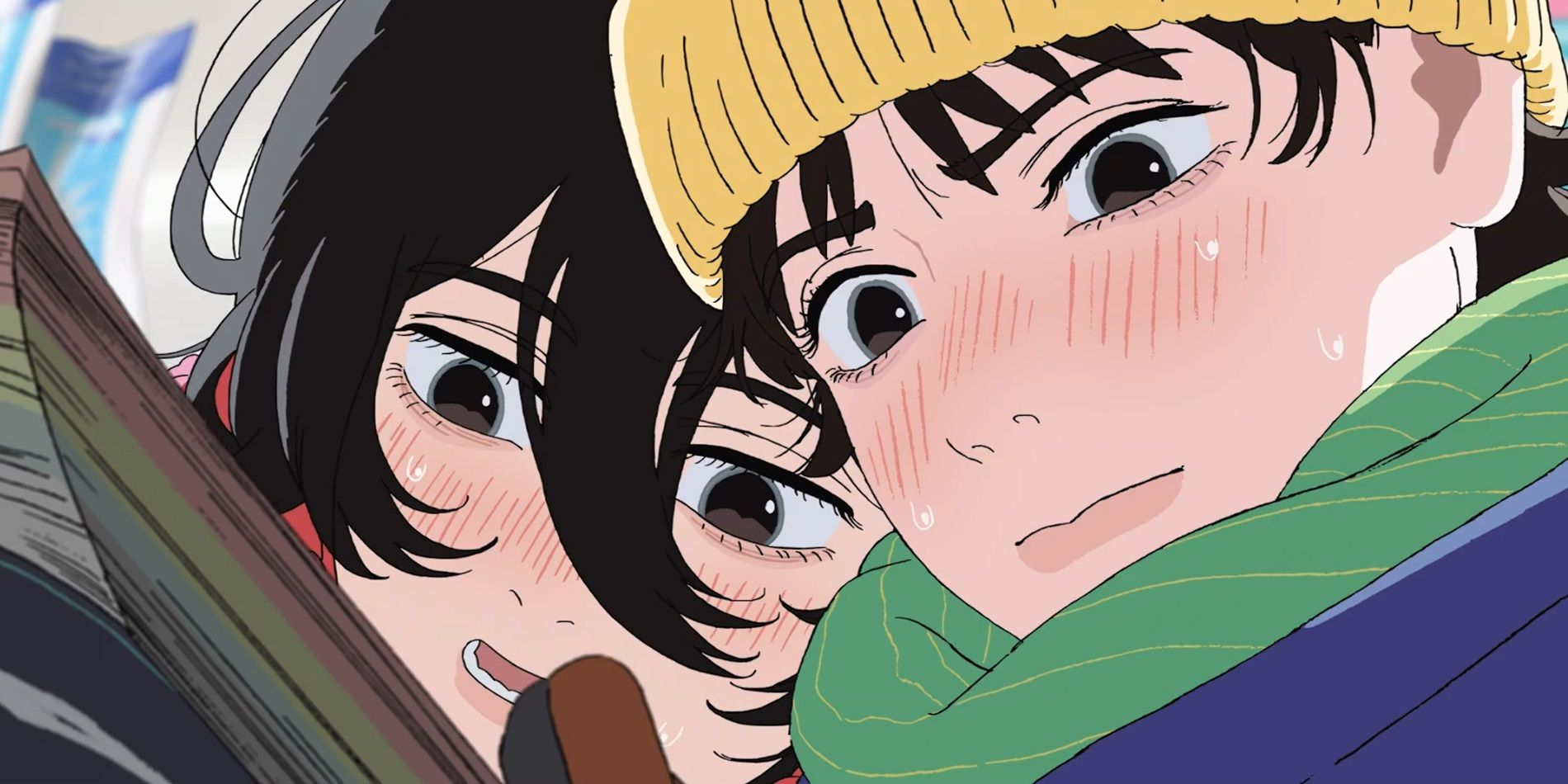 Una toma de un tráiler de Look Back de Fujino y Kyomoto vistiendo ropa de invierno posando juntos.