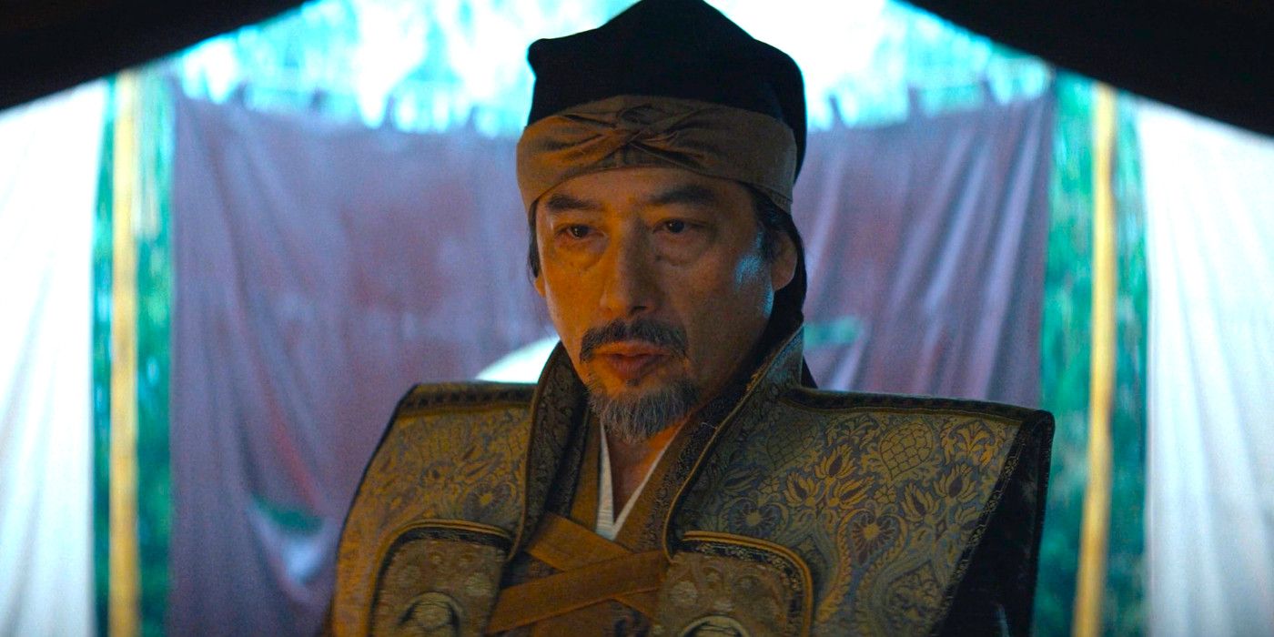 Lord Toranaga looks downward while in conversation in a scene from Shogun episode 7