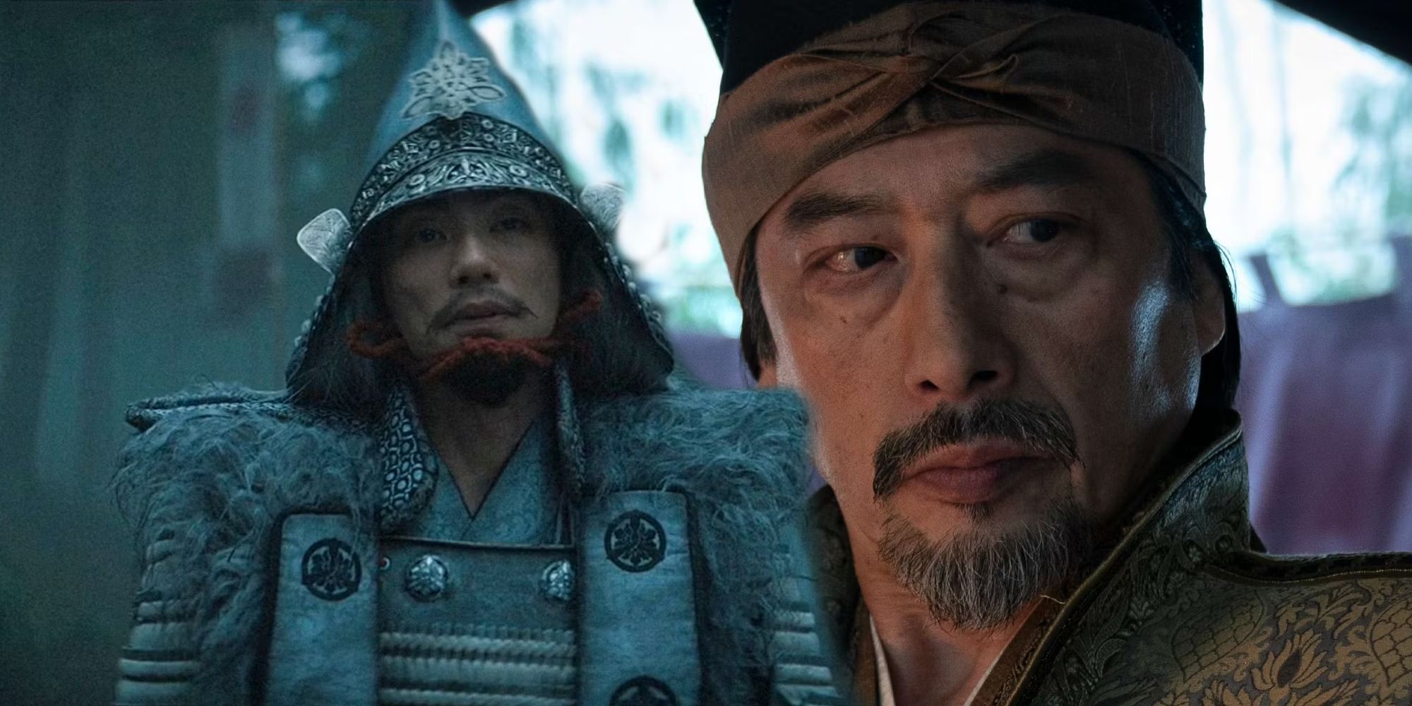 Saeki wearing a warrior outfit and Lord Toranaga looking concerned in Shogun episode 7