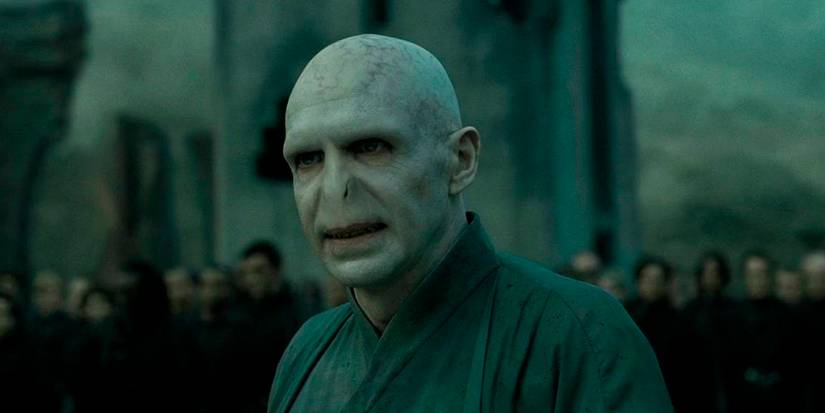 Lord Voldemort (Ralph Fiennes) at the Battle of Hogwarts in Harry Potter.