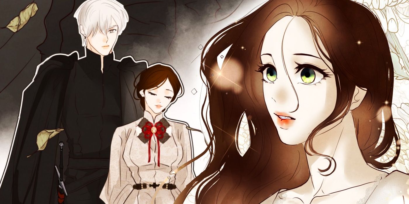 Lucia from i am the villain looking mildly surprised with a still of lucia and noah side by side from the manhwa