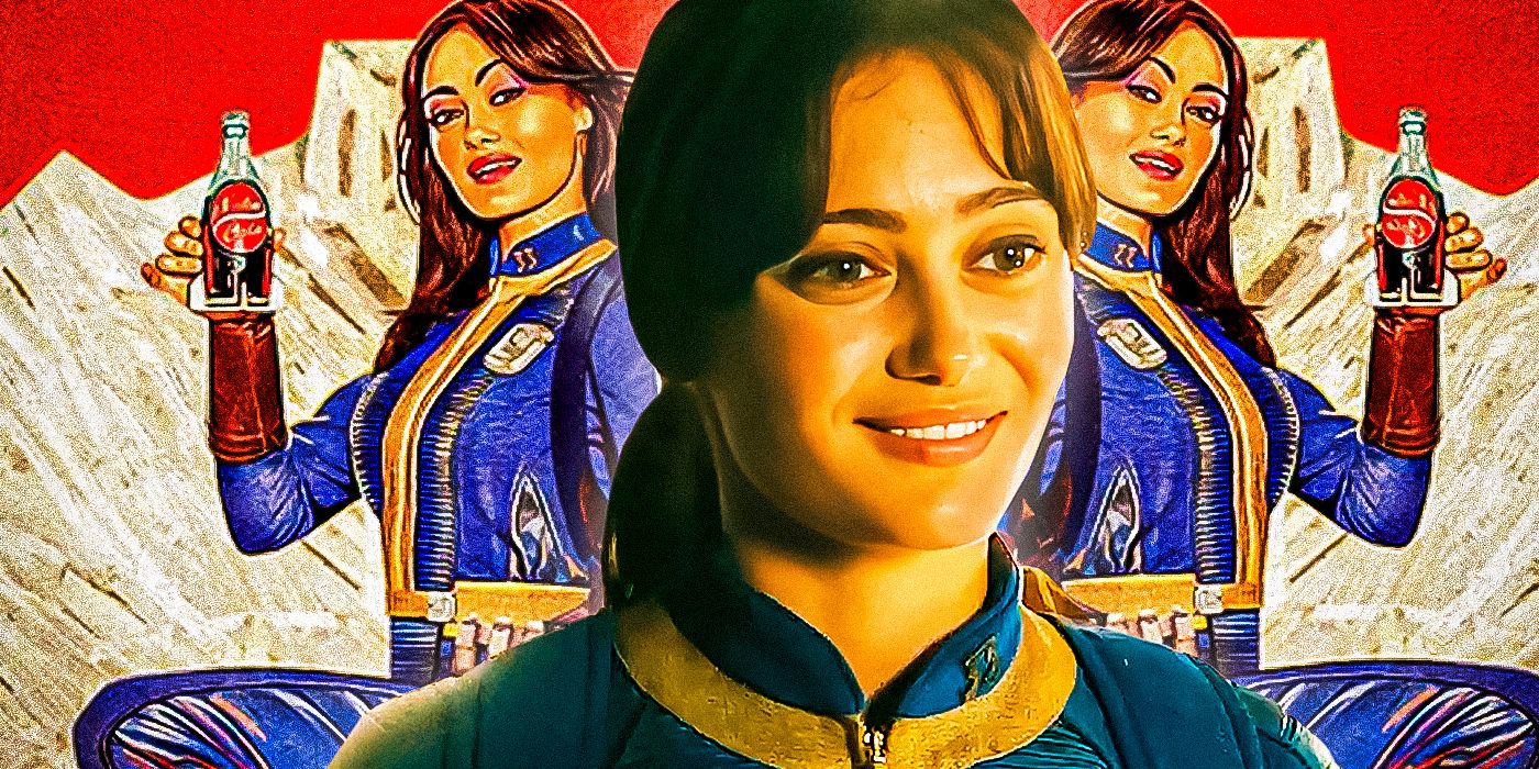 Lucy (Ella Purnell) smiling in front of two posters of her in a blue and yellow vault suit holding up Nuka-Colas on a red and white background in the Fallout TV series