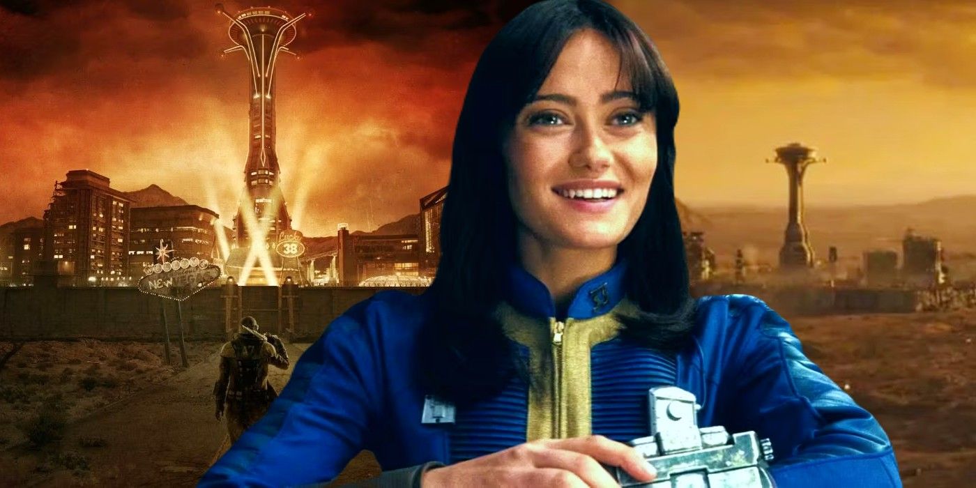 Lucy (Ella Purnell) smiles as she holds her Pip-Boy in front of two images of New Vegas, one with lights on and the Courier walking towards it and the other in its destroyed state shown at the end of the Fallout show