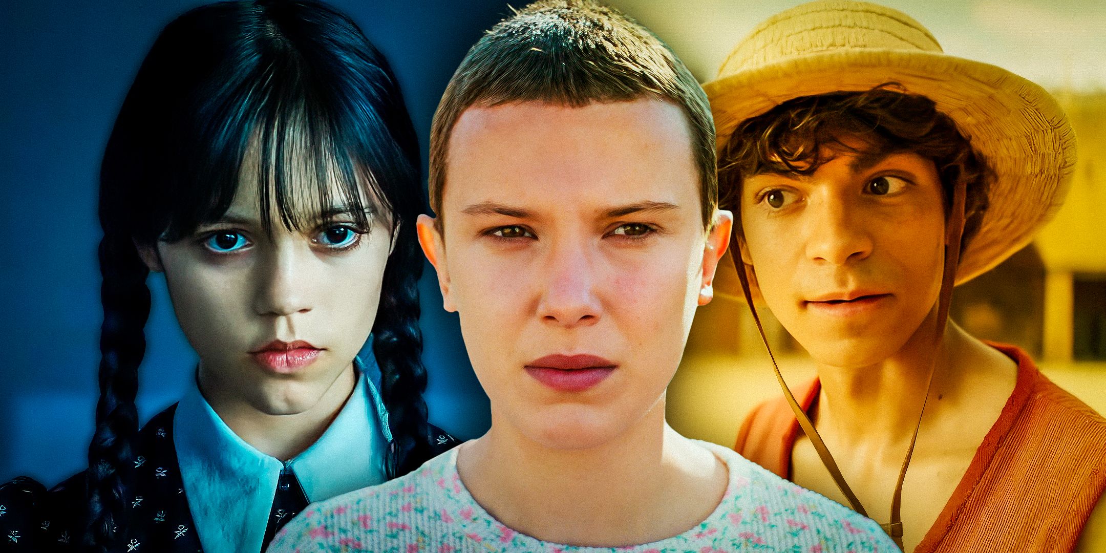 Luffy-from-One-Piece-Live-Action,-Wednesday-Addams-from-Wednesday-and-Eleven-from-Stranger-Things